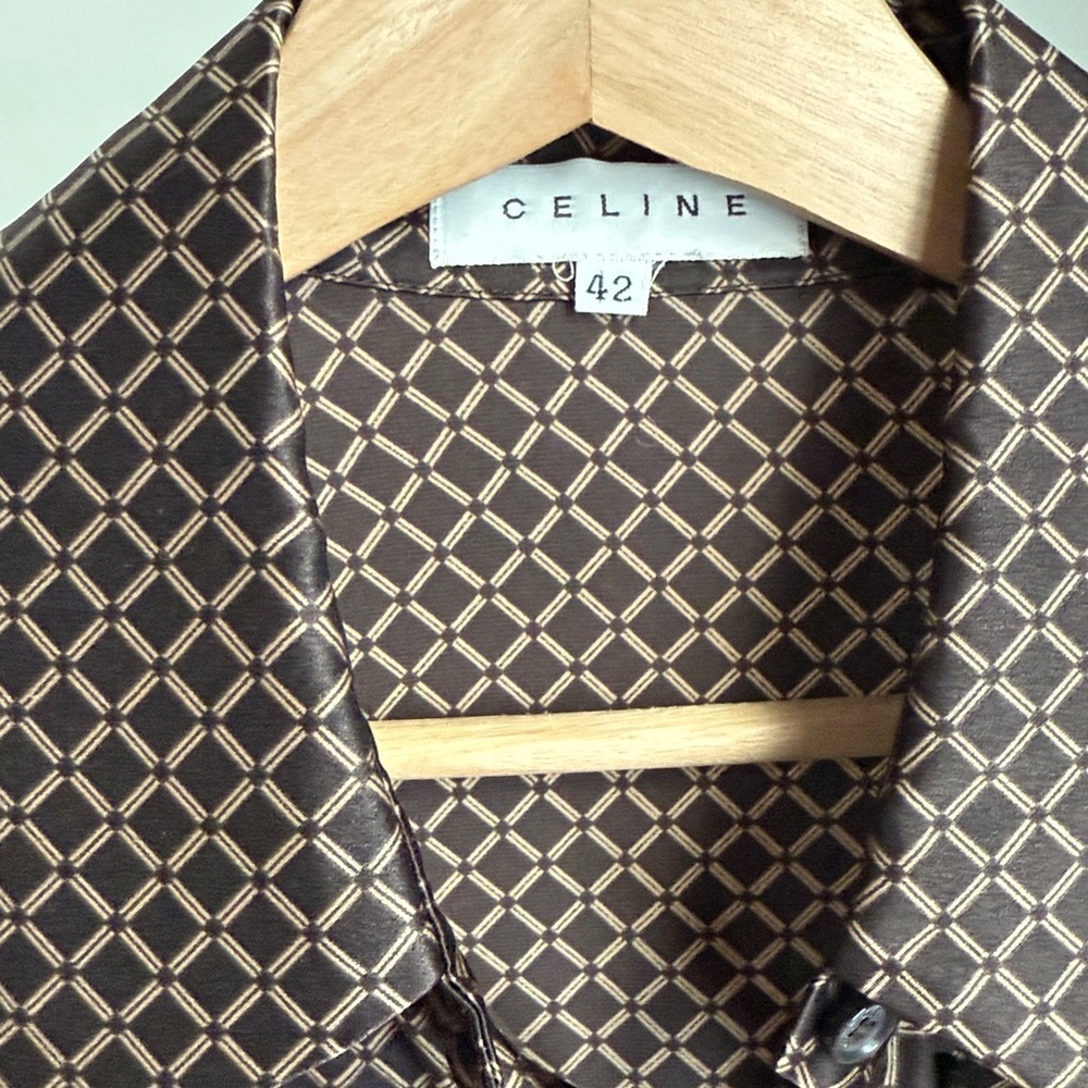 Vintage Celine Silk Tan Brown Patterned Button Down Shirt, Size 42 , US 10 - Picture 2 of 16